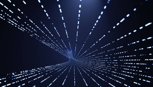 Abstrakt digital tunnel med vita ljuspunkter som formar ett tredimensionellt nätverk mot mörkblå bakgrund.