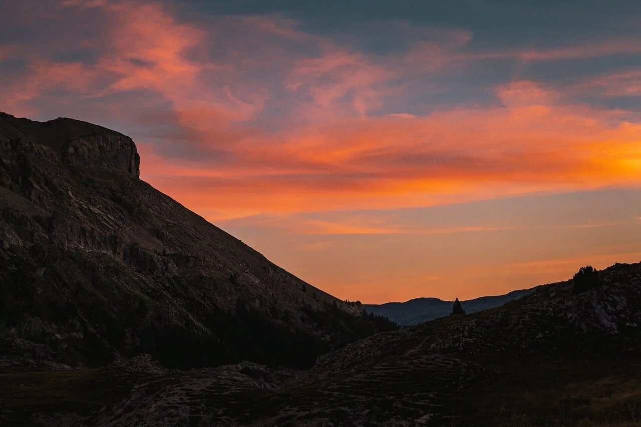 mountains, sunset, red sky, twilight, summer evening, natural scenery, shadow, summer landscape, silence, dramatic landscape, alps, pink sky, evening sky, hiking, nature, sunrise, foggy, high mountains, cloudy, mountainous