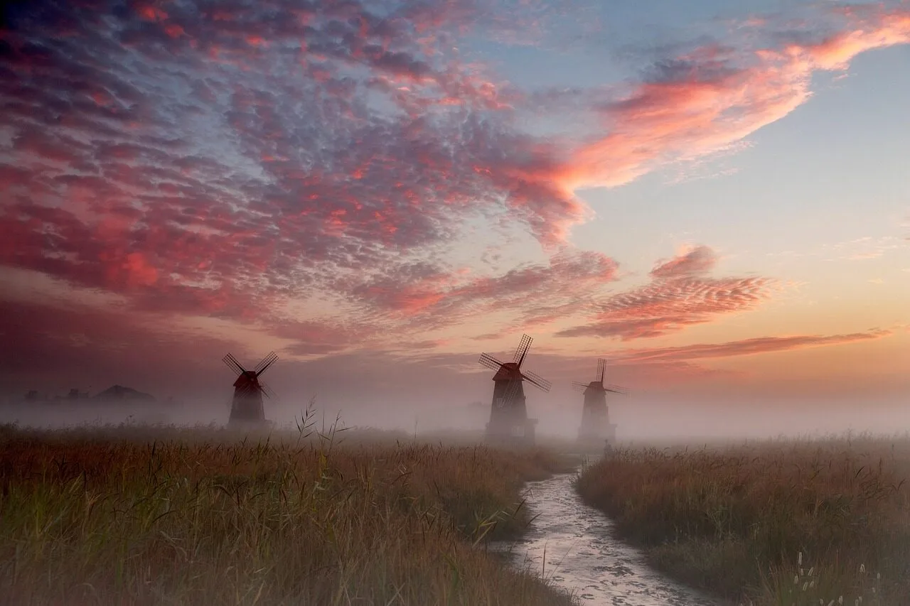 windmills, river, stream, nature, field, grass, sunrise, fog, morning, landscape